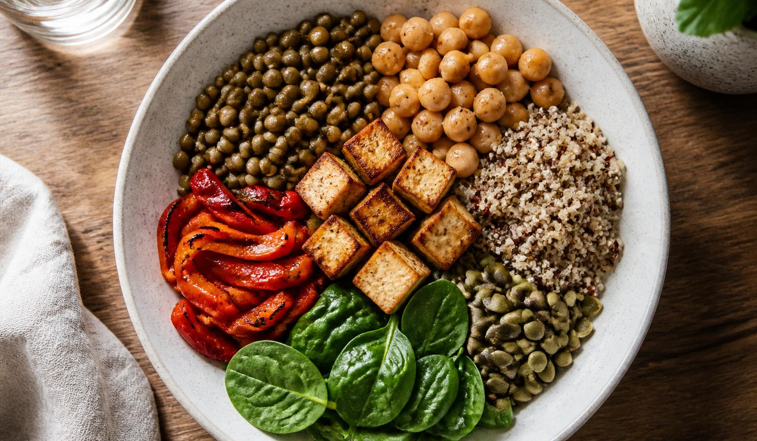 Colourful bowl of lentils, chickpeas, quinoa, tofu and vegetables representing a complete plant-based protein meal