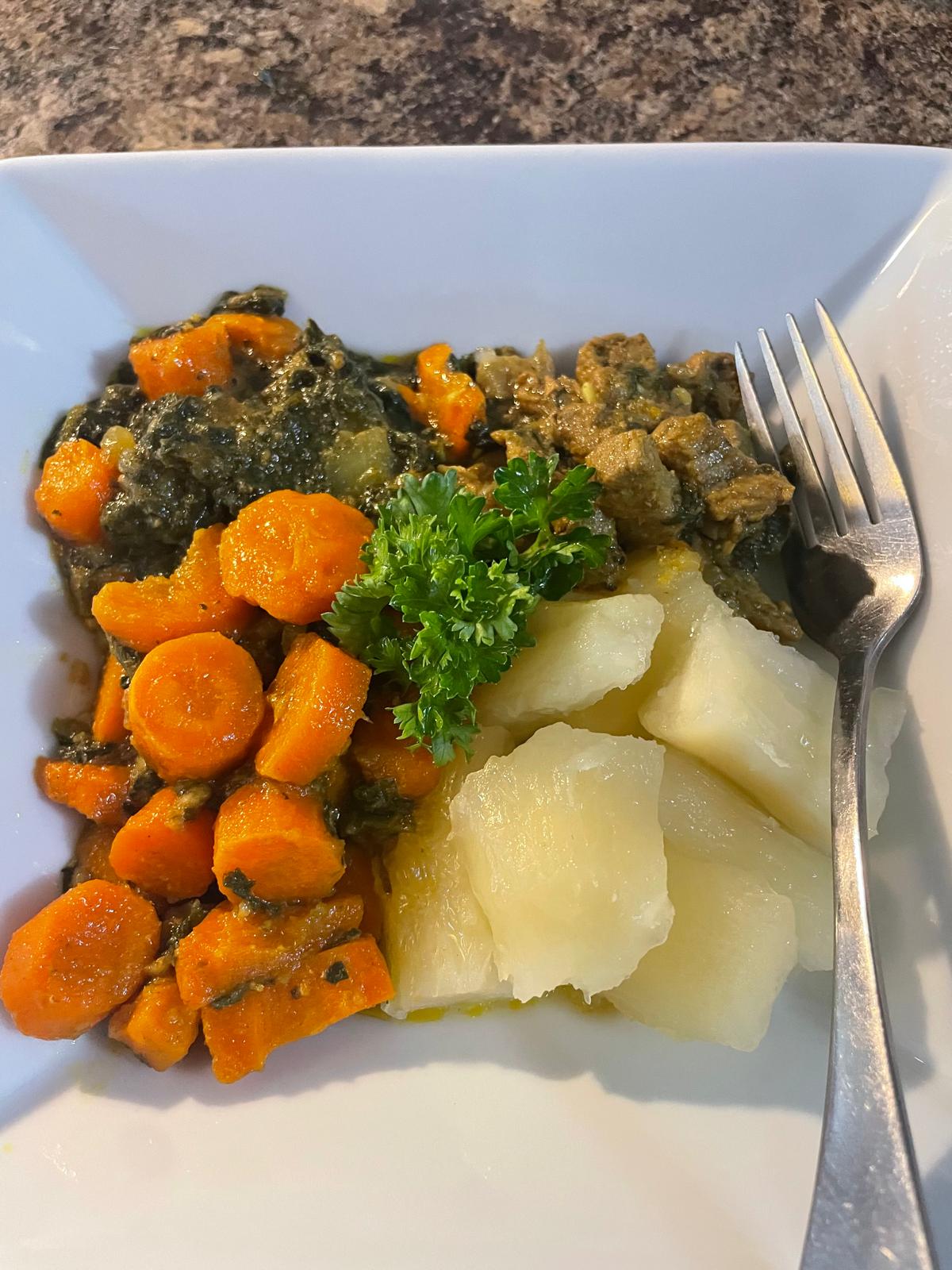 Balanced VPF plate with boiled cassava, colourful vegetables and a protein source