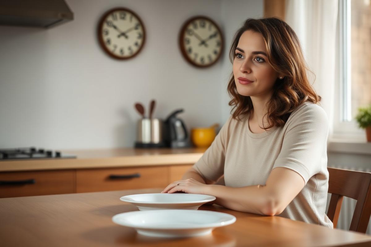 Femme attablée devant une assiette vide dans une cuisine, horloges au mur