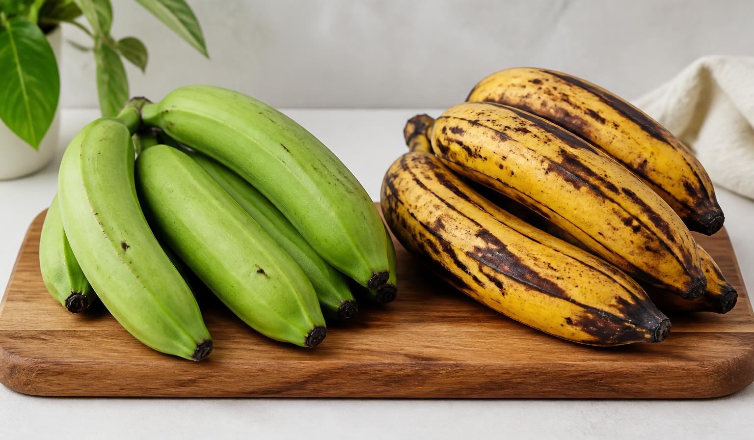 Bananes plantains vertes et mûres côte à côte sur une planche