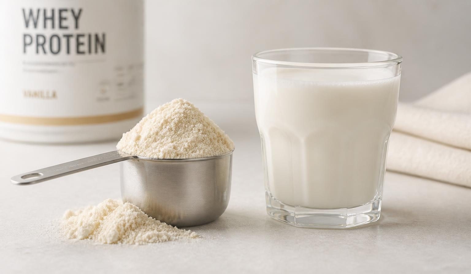 Scoop of whey protein powder next to a glass of milk