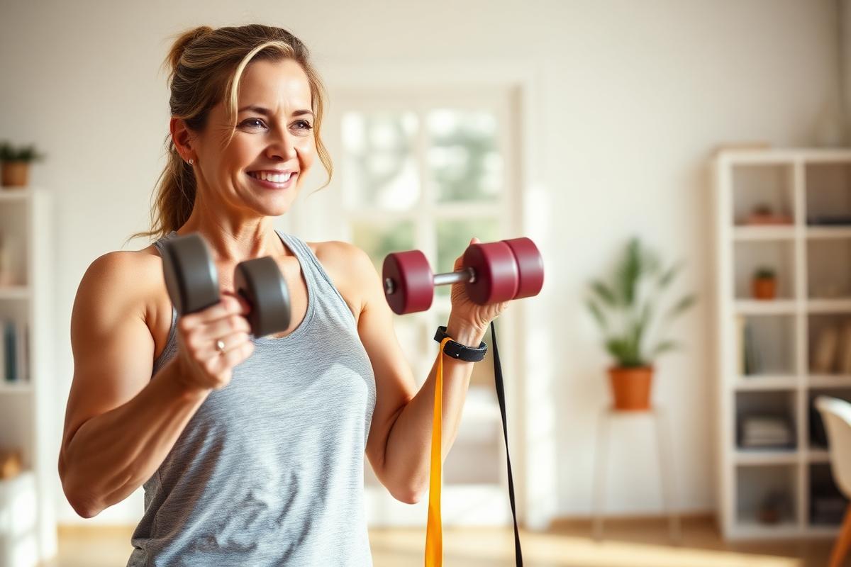 Femme dans la quarantaine faisant du renforcement musculaire avec des haltères légers à la maison