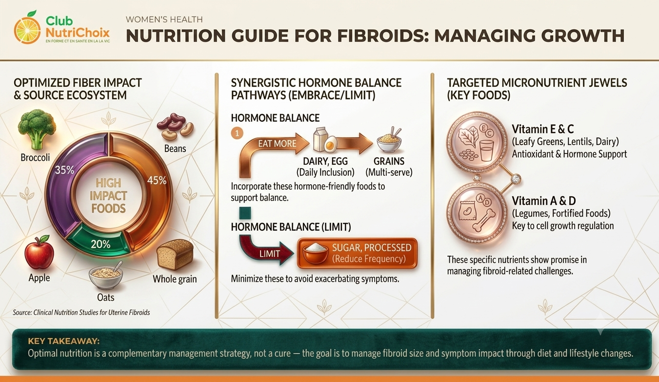 Infographie Club NutriChoix — Guide nutritionnel pour les fibromes utérins : aliments à haut impact (brocoli, haricots, avoine, pomme, grains entiers), équilibre hormonal (produits laitiers, œufs, grains à privilégier ; sucre et aliments transformés à limiter) et micronutriments clés (vitamines E, C, A, D)