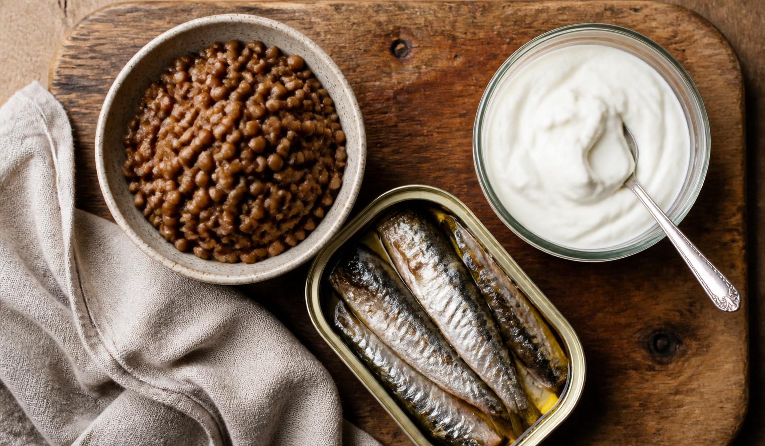 Lentils, sardines and Greek yogurt on a wooden board — the top three protein sources for women