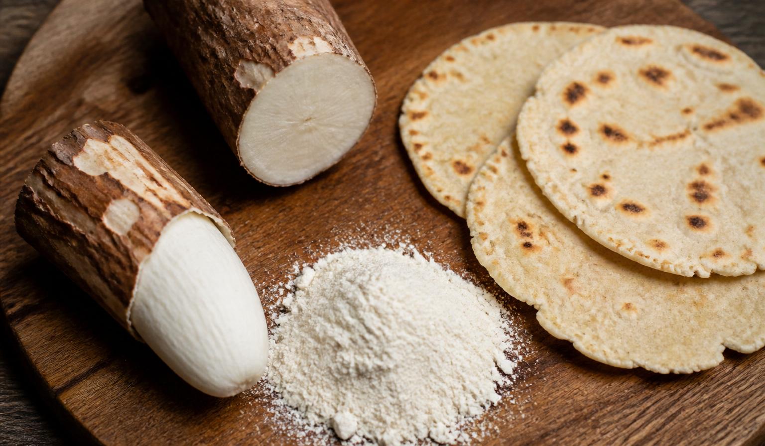 Racine de manioc, farine de manioc et cassave sur une planche en bois