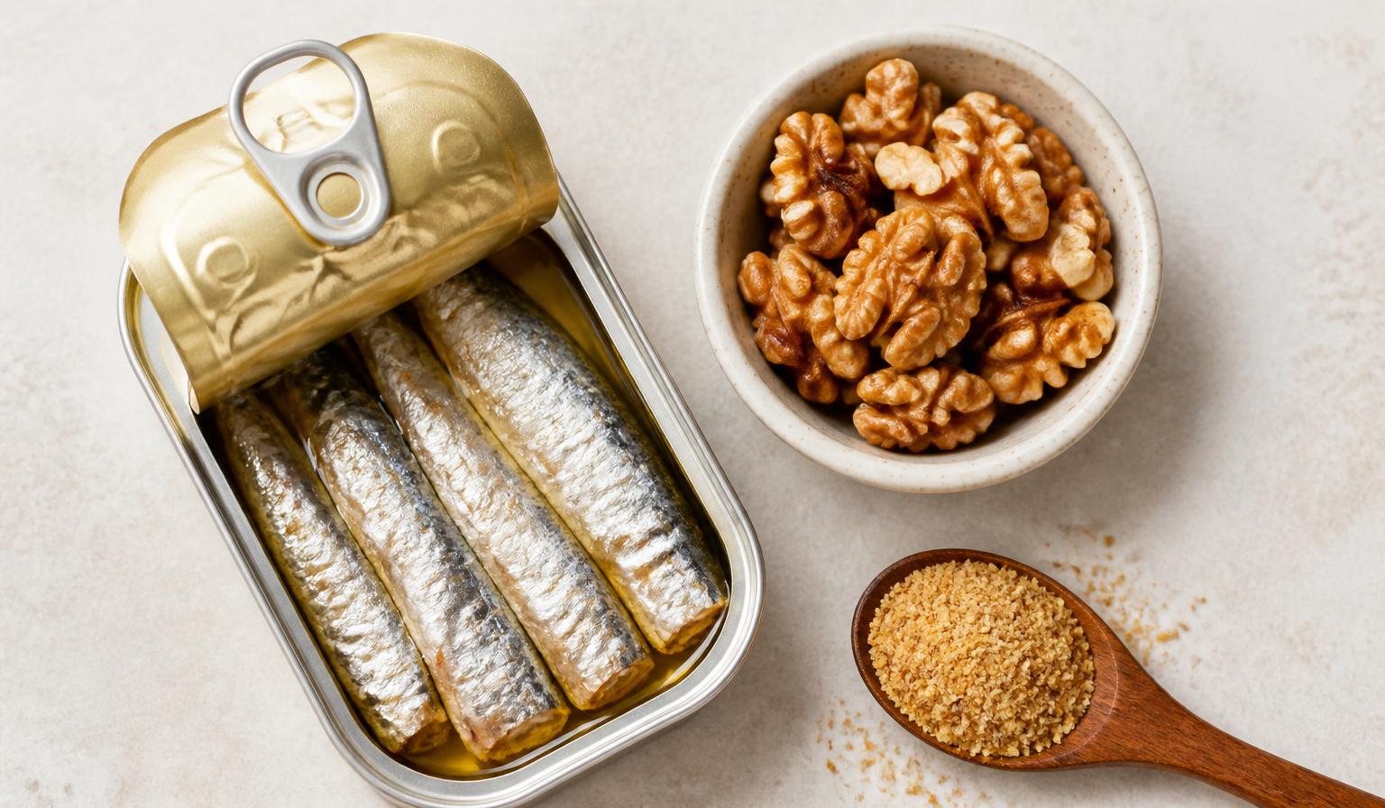 Boîte de sardines ouverte, noix de Grenoble et graines de lin moulues — sources alimentaires d'oméga-3
