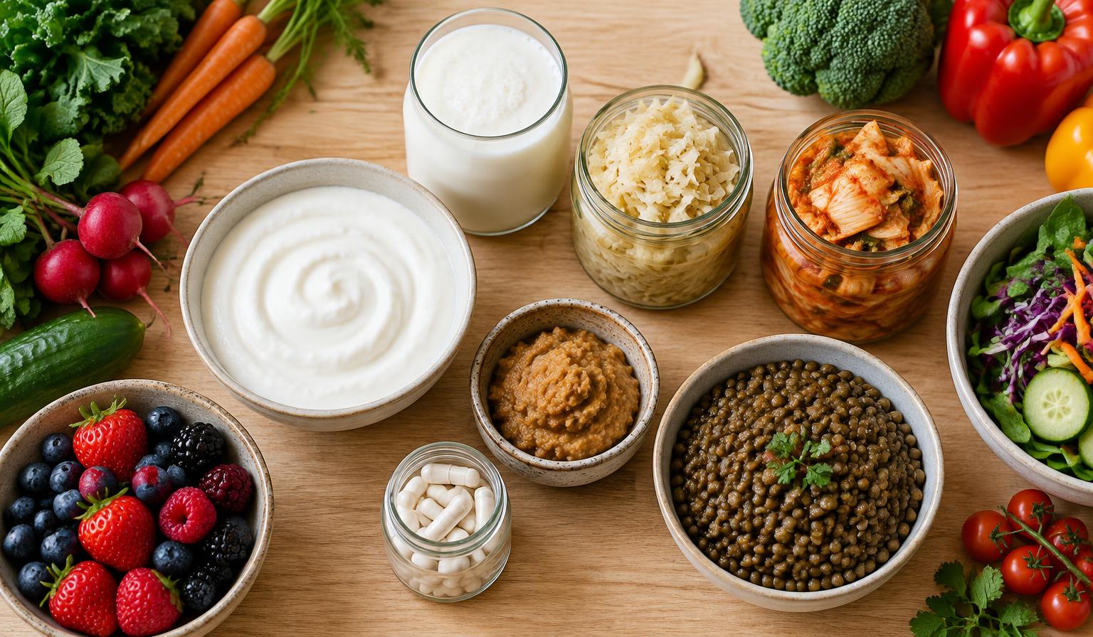 Yogourt nature, kéfir, choucroute, kimchi, miso, lentilles et légumes à côté d'un petit pot de capsules de probiotiques sans marque