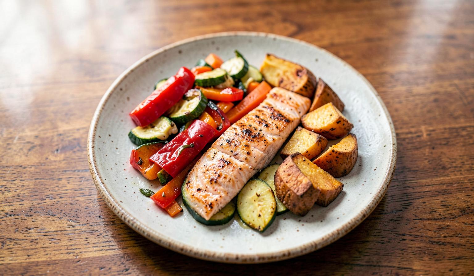 Assiette équilibrée — saumon, légumes colorés et patate douce — représentant un repas adapté à la ménopause